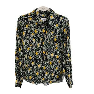BRORA Top Womens 10 Lemon Floral Black Button Front Blouse Long sleeve NWT